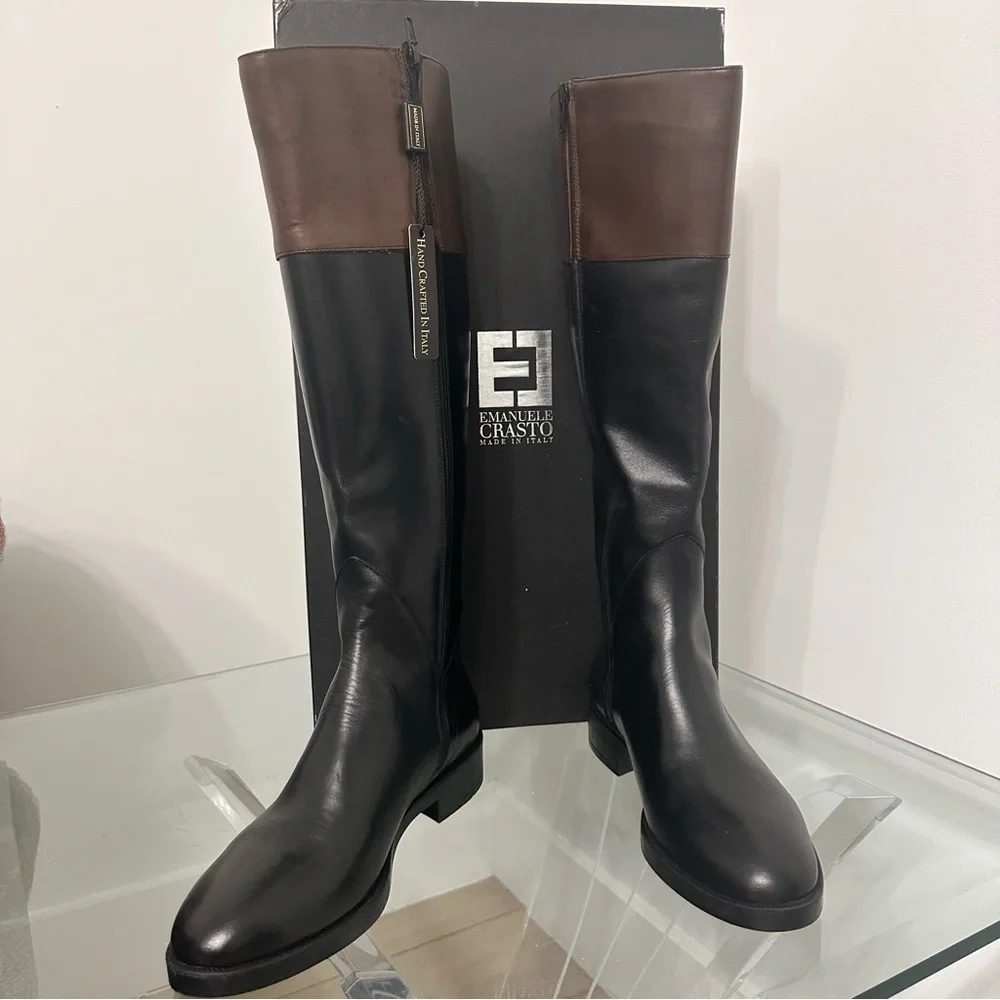 Emanuel’s Crasto Two Tone Black Brown High Shaft Leather Boots SZ 40 EU 9 US NWT